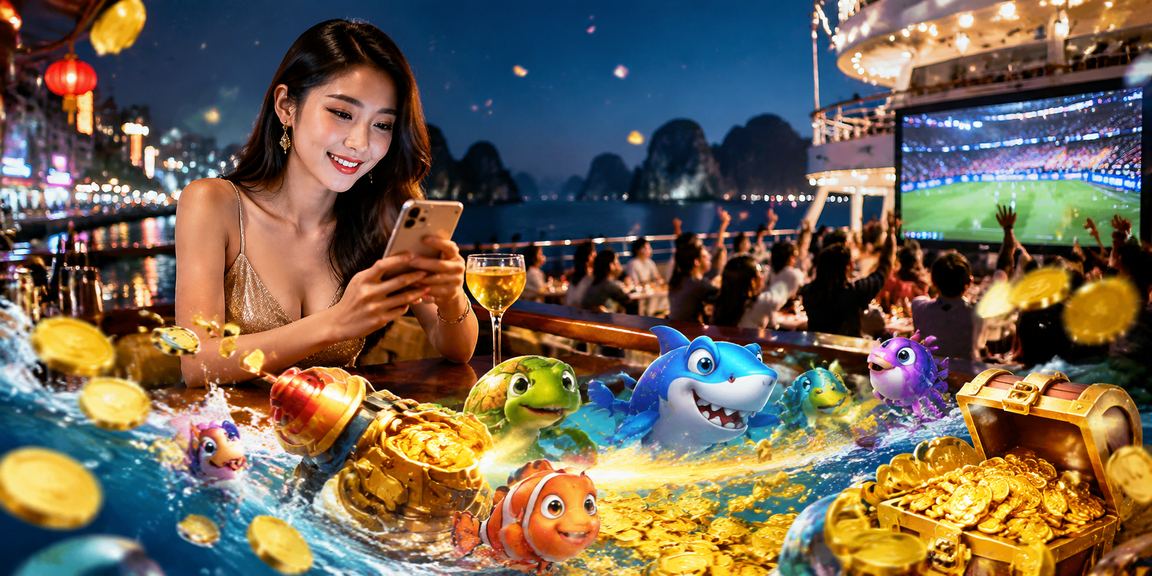 Người chơi tận hưởng mobile casino trong lễ hội tại Vịnh Hạ Long với cảnh quan ngoạn mục