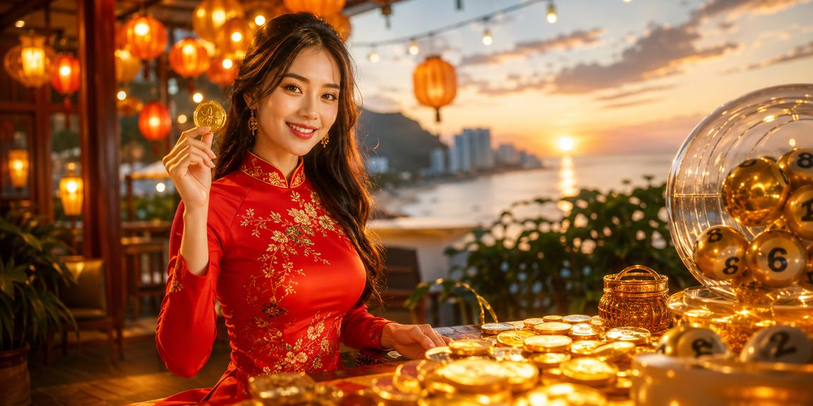 Người phụ nữ Việt Nam trong trang phục áo dài tham gia trò chơi xổ số tại Hội An